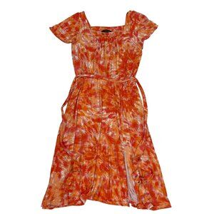 Colleen Lopez tie dye dress orange white square neck short sleeve flowy L